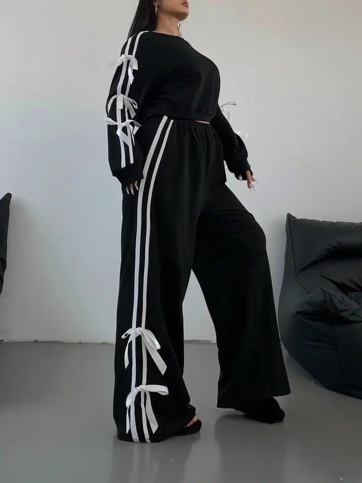 Women Long Sleeve Pull Over Stripe Bow Embellished 2 Piece Set