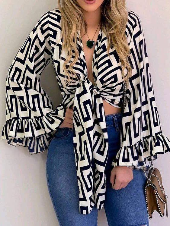 Women Bell Sleeve Front Tie Up
