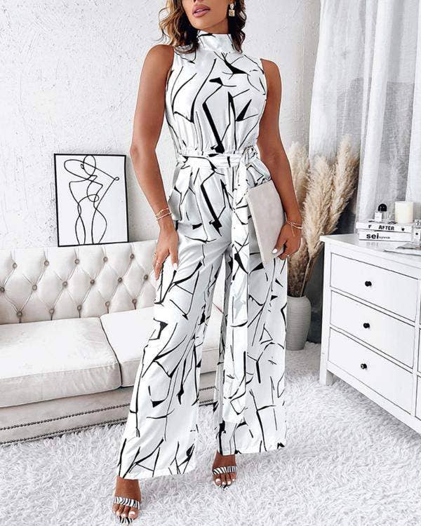 Abstract print sleeveless wide leg belted jumpsuit: WHITE / 1-1-1-1 / S-M-L-XL