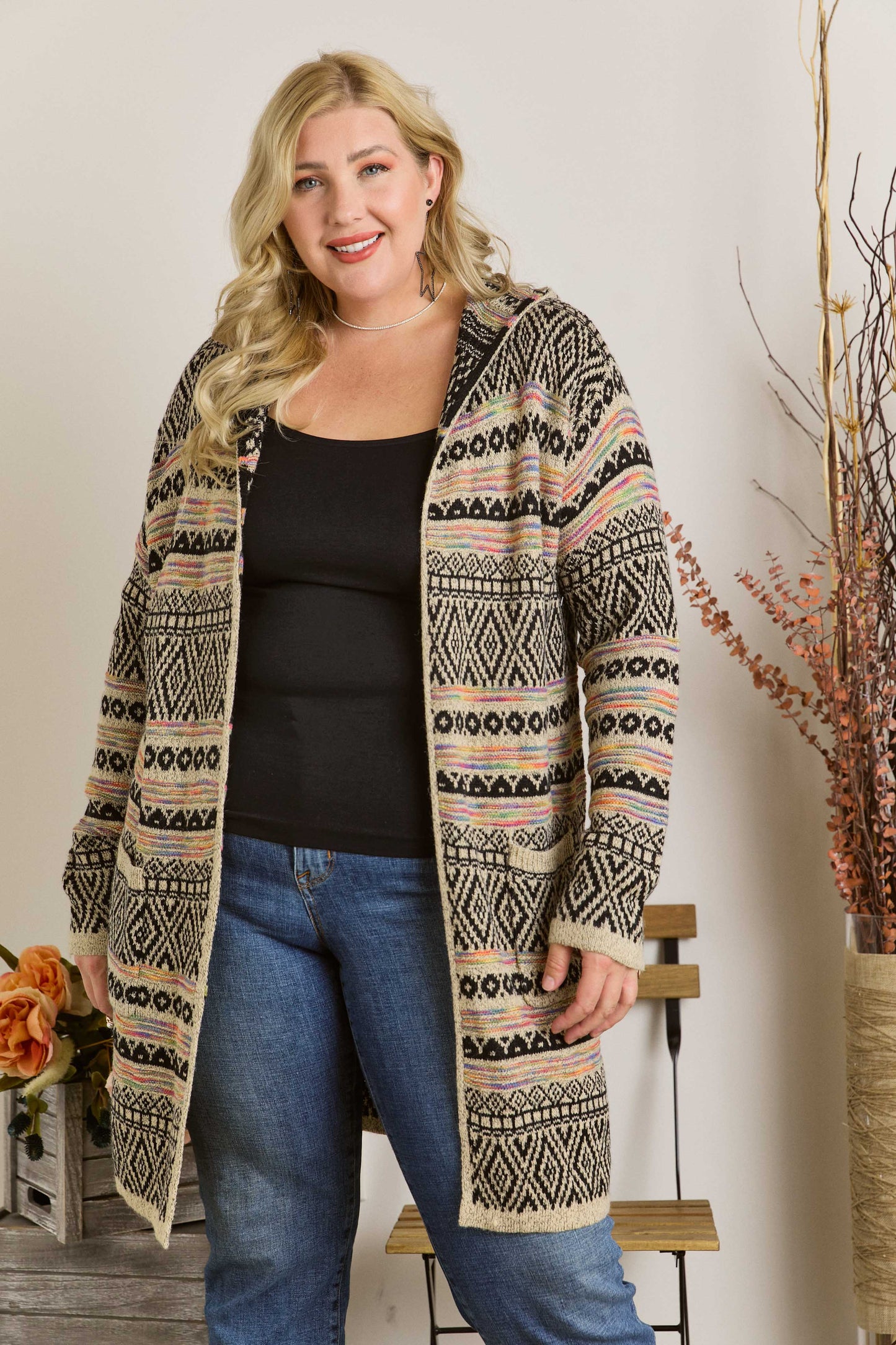 Women sweater PLUS SIZE PRINTED LOOSE CARDIGAN: BEIGE/MULTI Plus Size