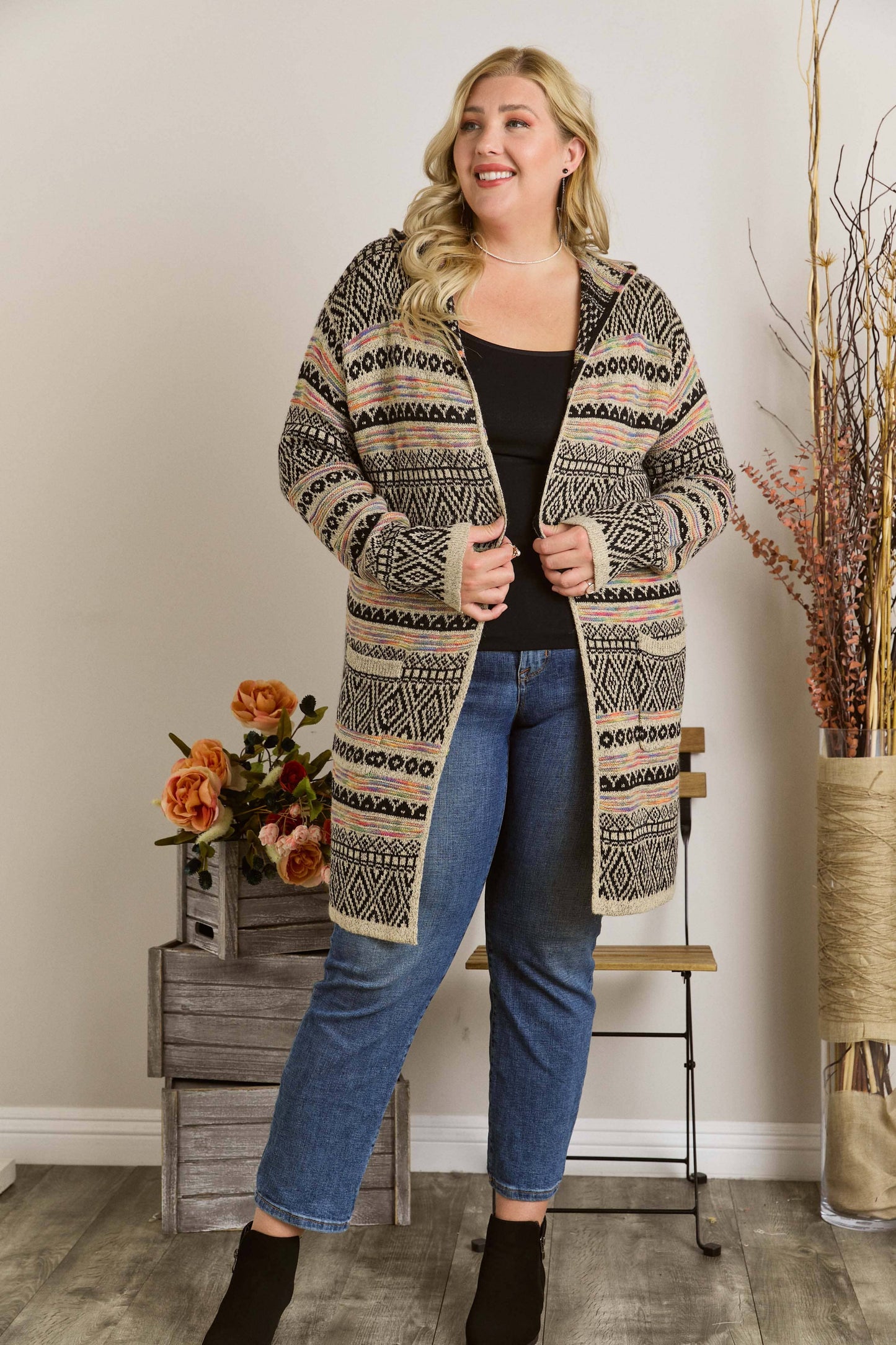Women sweater PLUS SIZE PRINTED LOOSE CARDIGAN: BEIGE/MULTI Plus Size
