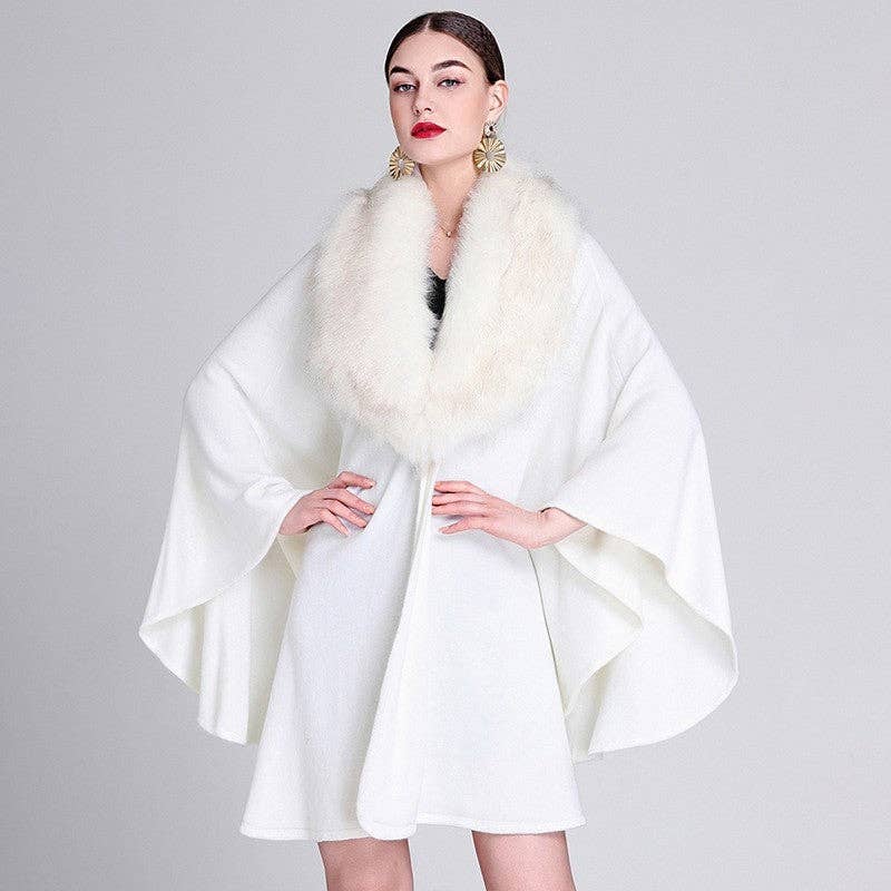 Mid-Length Faux Fox Fur Collar Shawl Cape: Burgundy