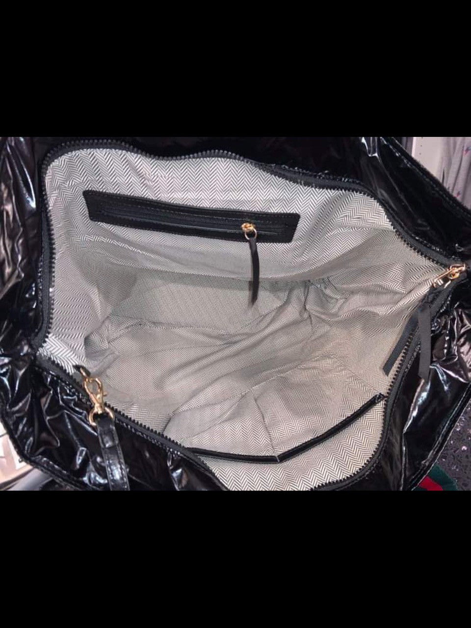 Womens Black Metallic Puffer Nylon Tote Green and Red Stripe