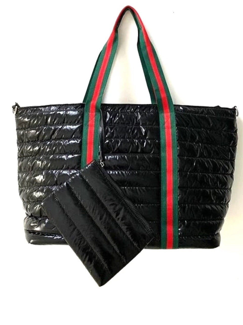 Womens Black Metallic Puffer Nylon Tote Green and Red Stripe