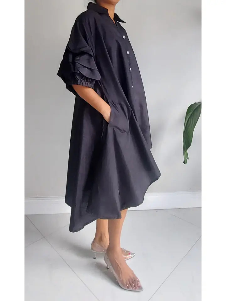 Women Swing Dress /Faux Silk /Ruffle Sleeve