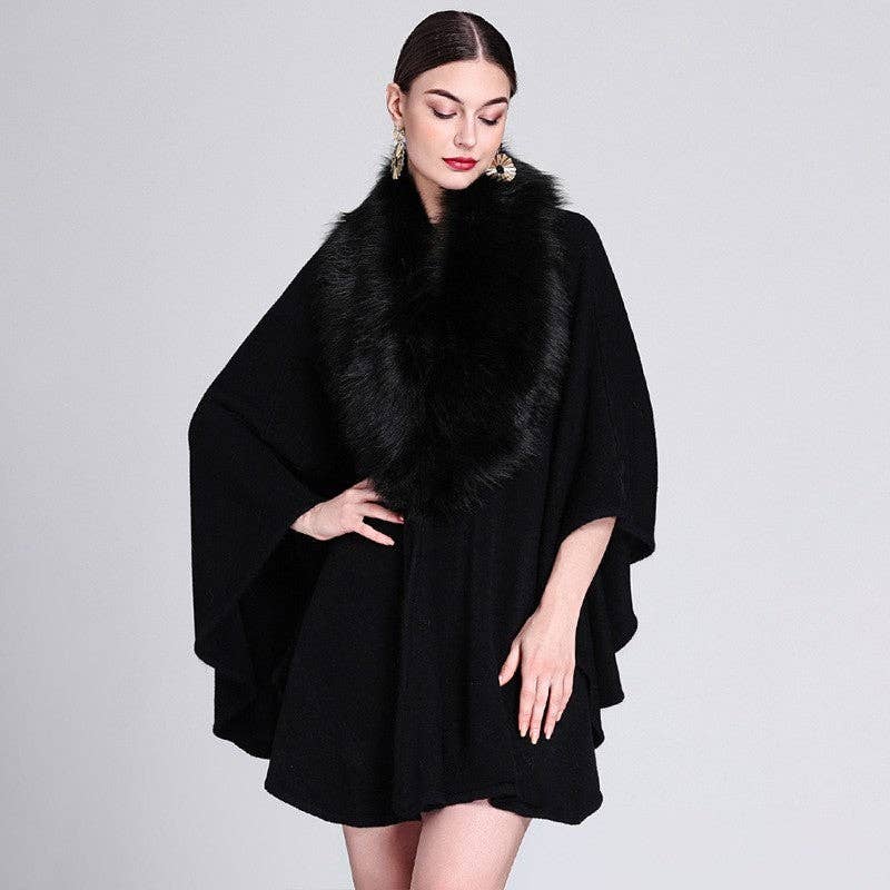 Mid-Length Faux Fox Fur Collar Shawl Cape: Burgundy
