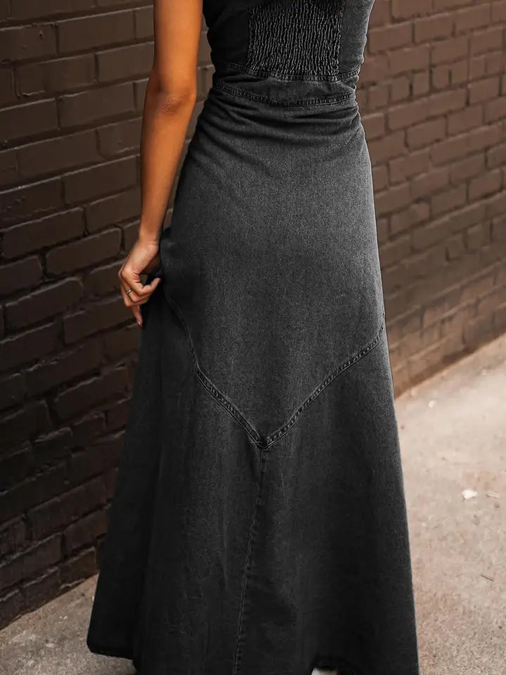 Women Button Front A Line Denim Maxi Dress