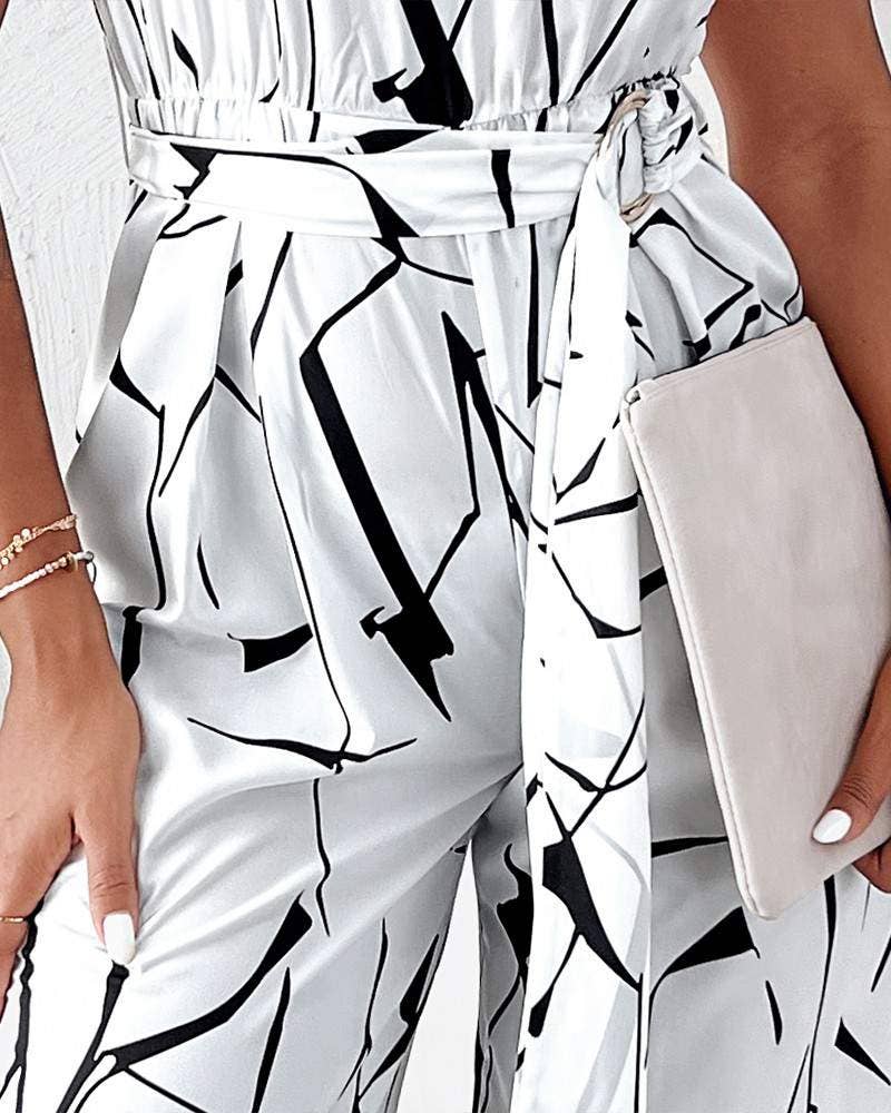 Abstract print sleeveless wide leg belted jumpsuit: WHITE / 1-1-1-1 / S-M-L-XL