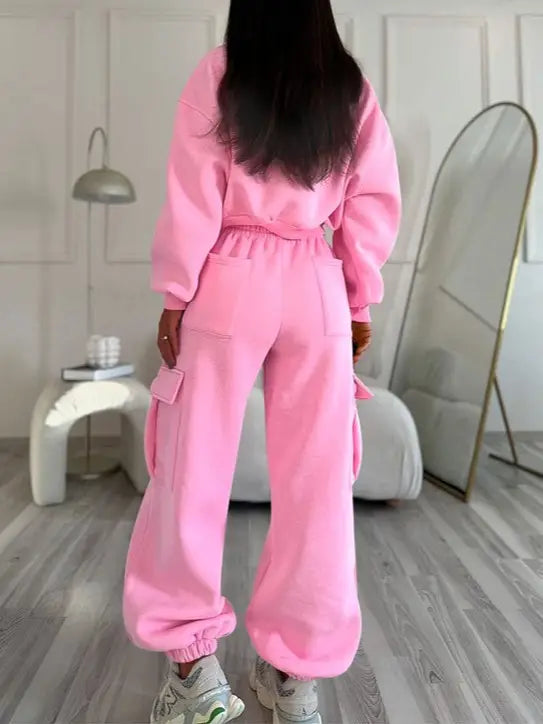 Women Cropped Sweatshirt and Pocketed Baggy Pant Set
