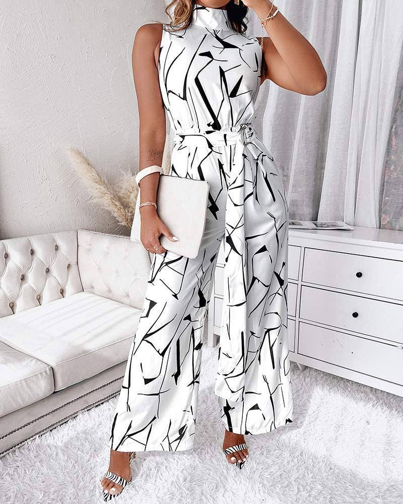 Abstract print sleeveless wide leg belted jumpsuit: WHITE / 1-1-1-1 / S-M-L-XL