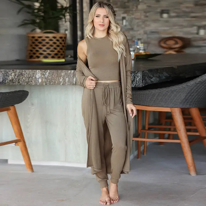 Women 3 Pieces Set Solid Color Knit Daily Set
