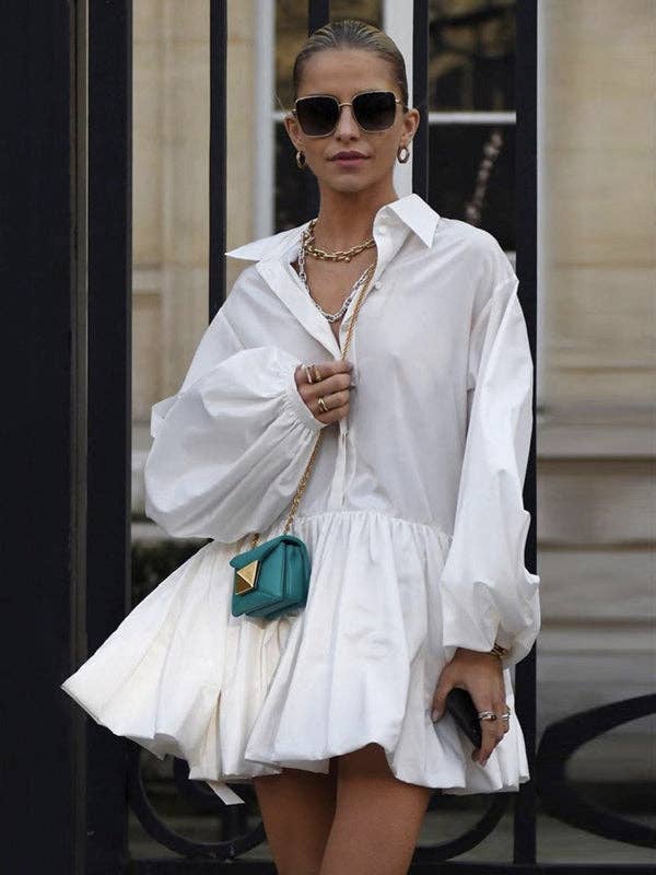 Women Puff Sleeves Buttoned Split-Joint Solid Color Lapel Mini Dresses Shirt Dress: