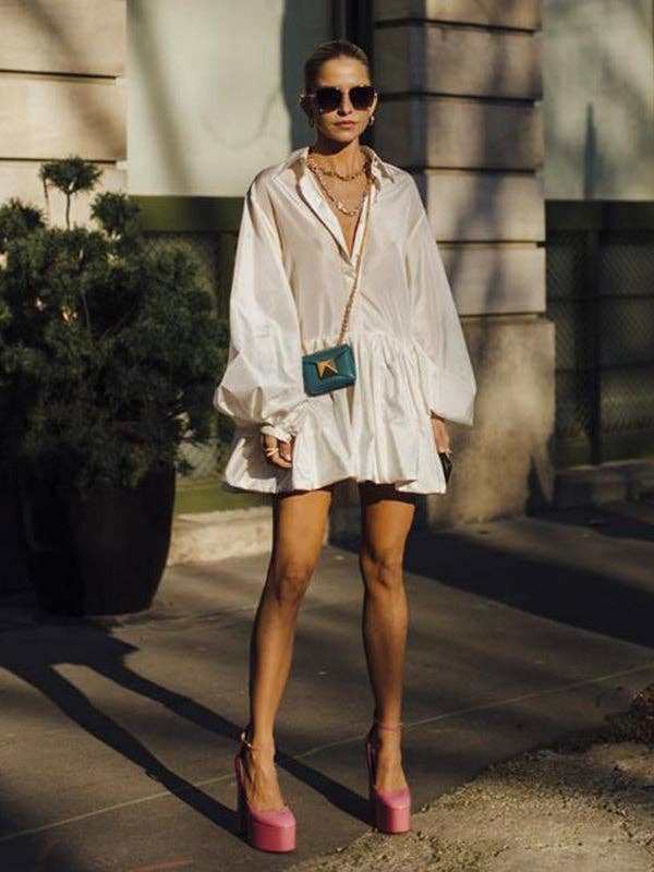 Women Puff Sleeves Buttoned Split-Joint Solid Color Lapel Mini Dresses Shirt Dress: