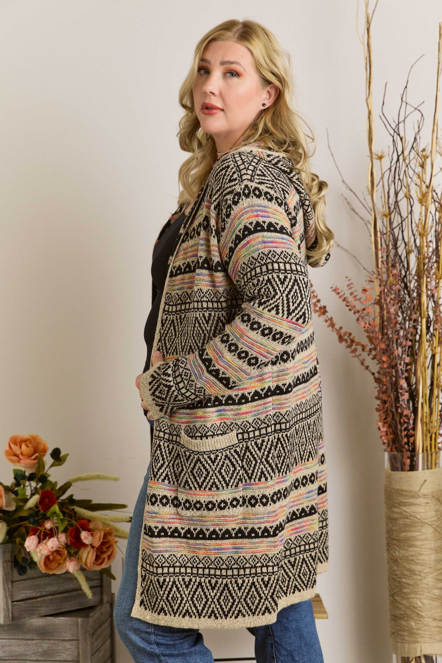 Women sweater PLUS SIZE PRINTED LOOSE CARDIGAN: BEIGE/MULTI Plus Size