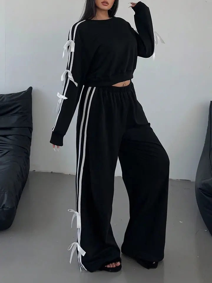 Women Long Sleeve Pull Over Stripe Bow Embellished 2 Piece Set