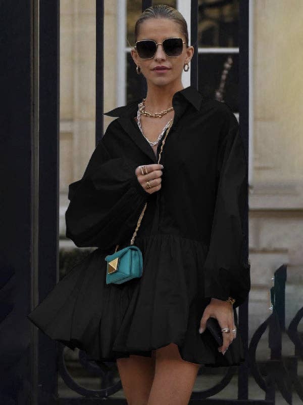 Women Puff Sleeves Buttoned Split-Joint Solid Color Lapel Mini Dresses Shirt Dress: