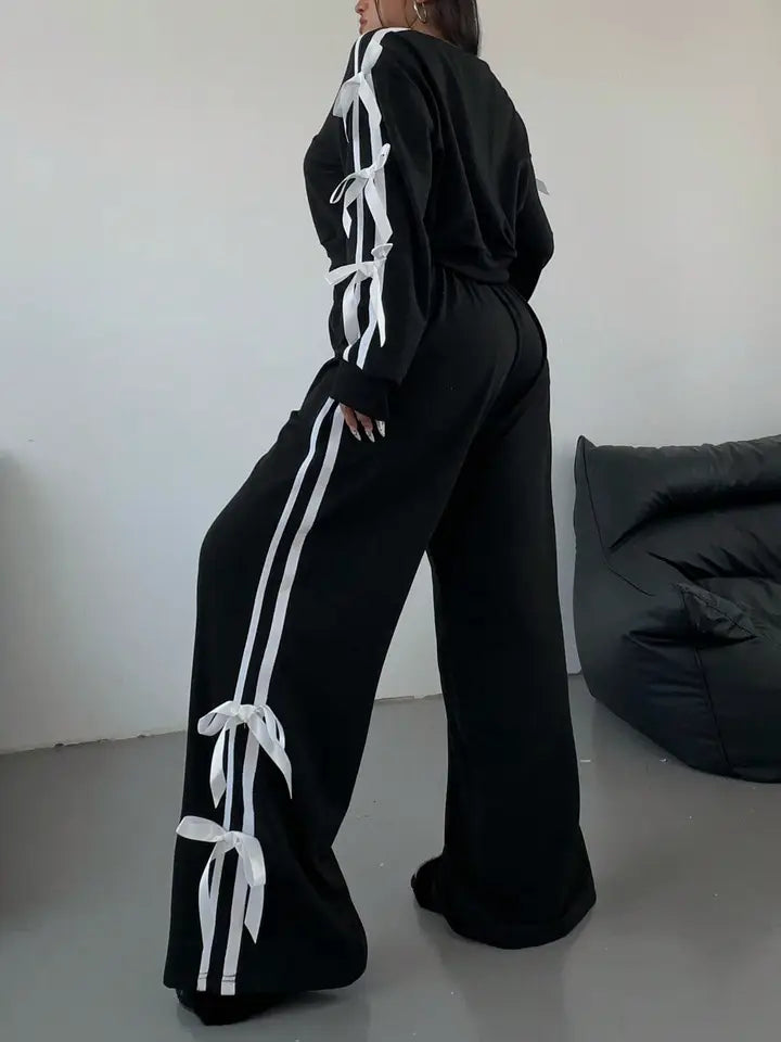 Women Long Sleeve Pull Over Stripe Bow Embellished 2 Piece Set