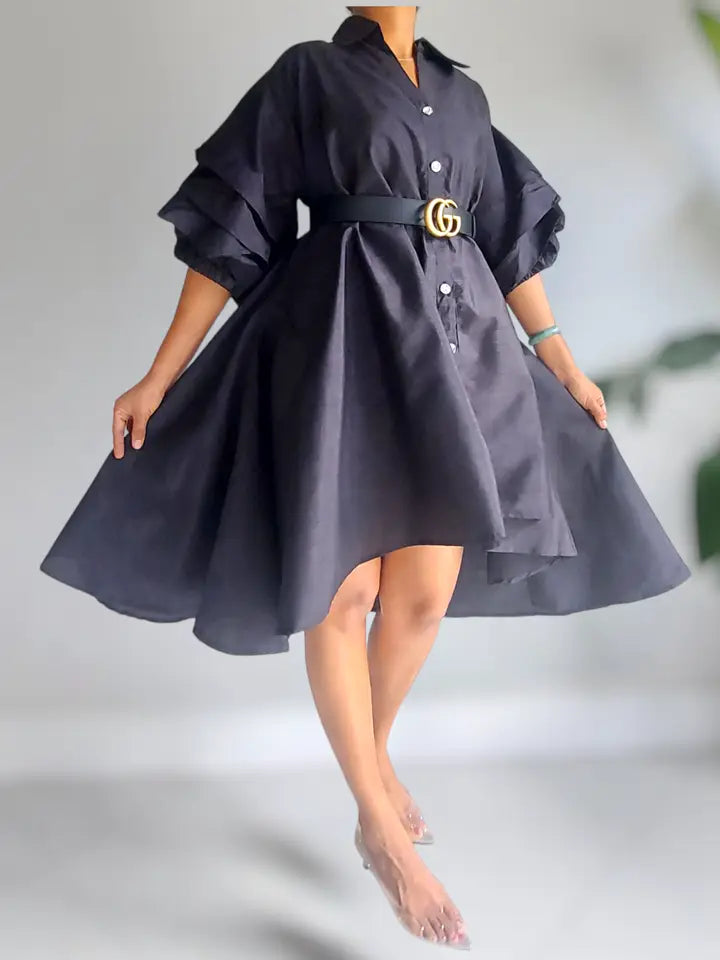 Women Swing Dress /Faux Silk /Ruffle Sleeve
