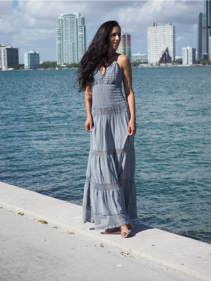 Women Maxi Dress Hampton Style Sleeveless Spaghetti Strap By Cotton Natural
