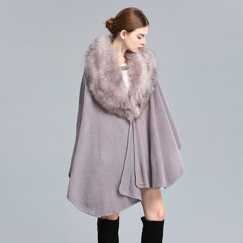 Mid-Length Faux Fox Fur Collar Shawl Cape: Burgundy