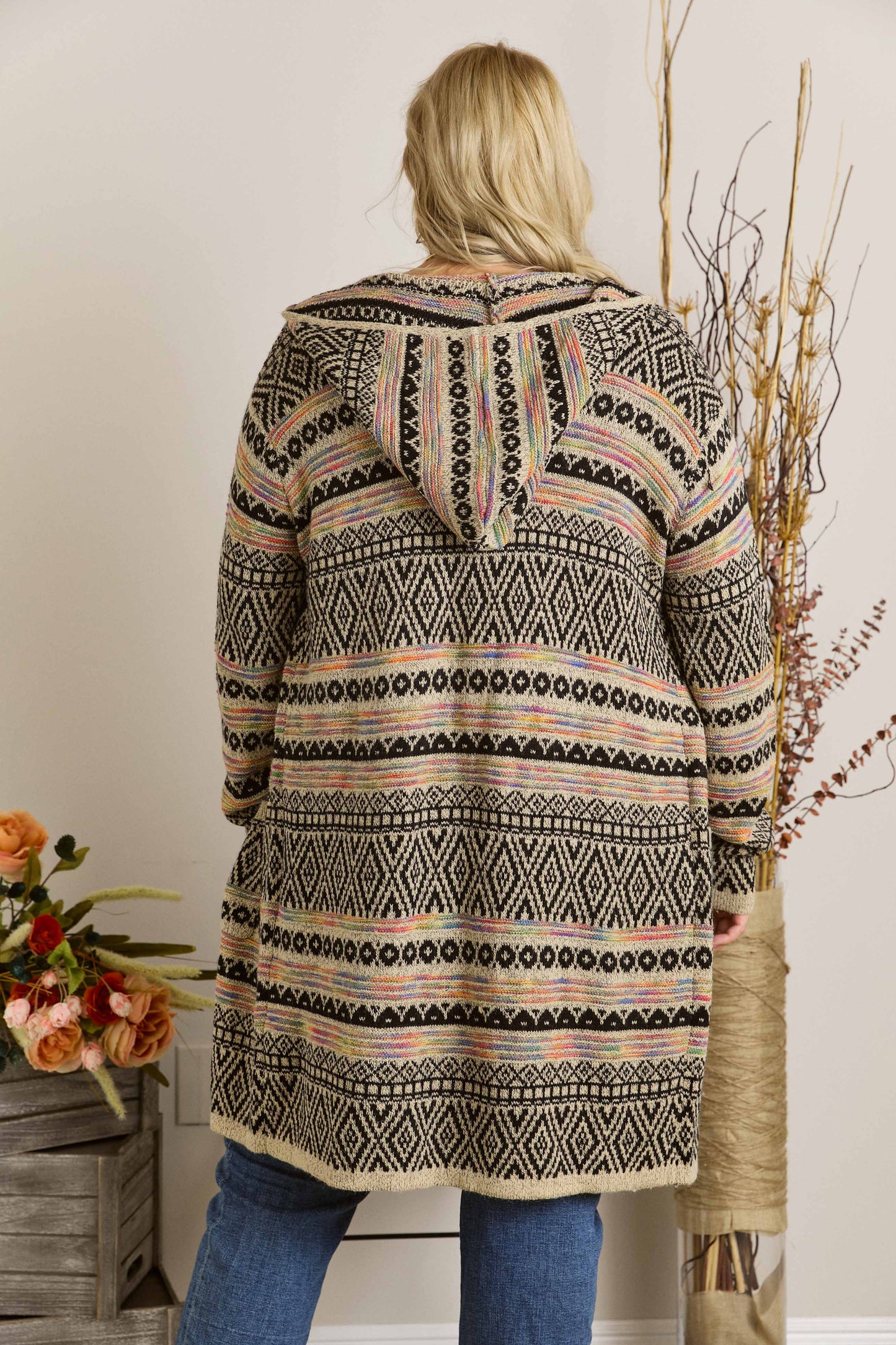 Women sweater PLUS SIZE PRINTED LOOSE CARDIGAN: BEIGE/MULTI Plus Size