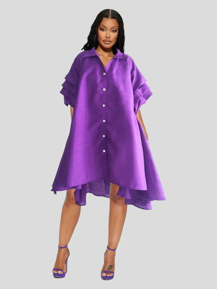 Women Swing Dress / Faux Silk /Ruffle Sleeve