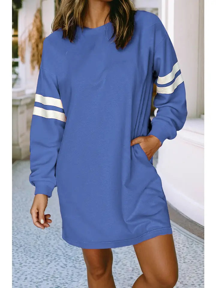 Women Long Sleeve Casual Solid Pocketed Mini Dress