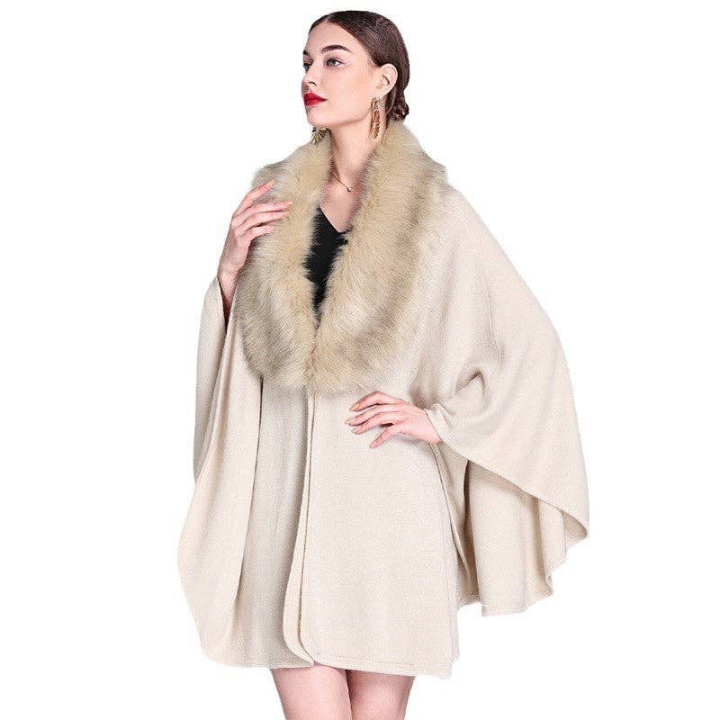 Mid-Length Faux Fox Fur Collar Shawl Cape: Burgundy