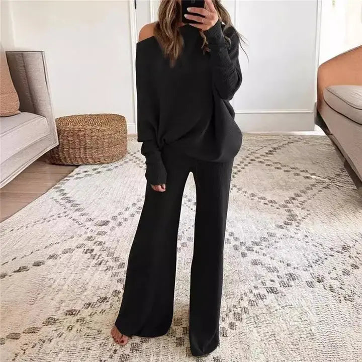 Women Long Sleeve Round Neck Long Pant Knit Set