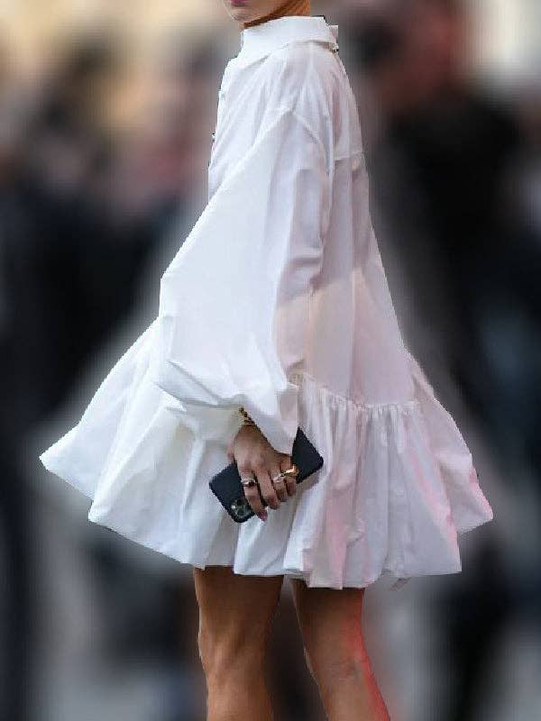 Women Puff Sleeves Buttoned Split-Joint Solid Color Lapel Mini Dresses Shirt Dress: