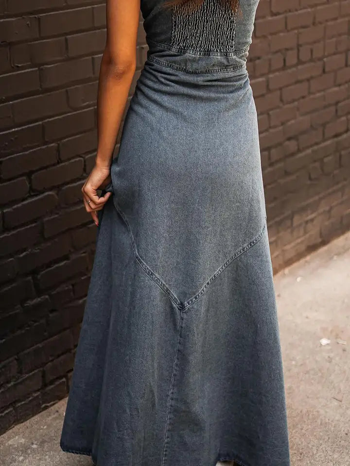 Women Button Front A Line Denim Maxi Dress