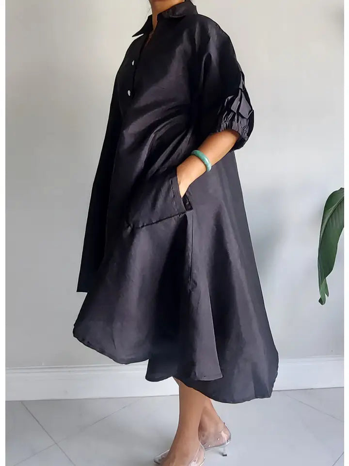 Women Swing Dress /Faux Silk /Ruffle Sleeve