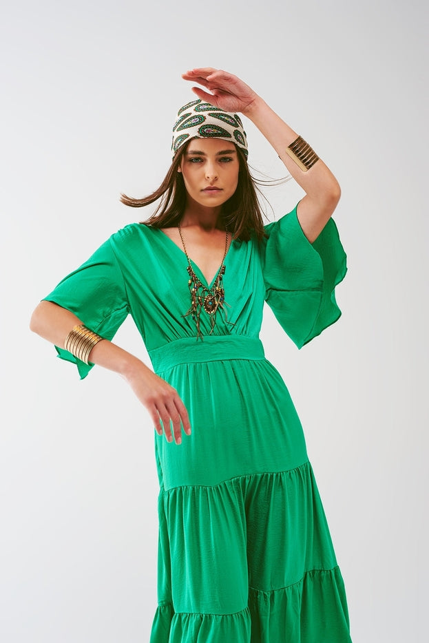 Women Maxi Dress Smocked V Neck