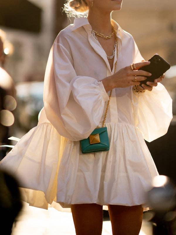 Women Puff Sleeves Buttoned Split-Joint Solid Color Lapel Mini Dresses Shirt Dress: