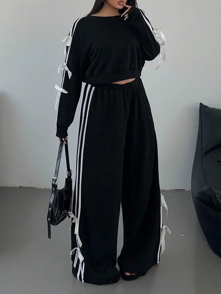Women Long Sleeve Pull Over Stripe Bow Embellished 2 Piece Set