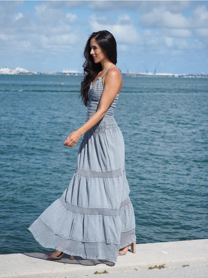 Women Maxi Dress Hampton Style Sleeveless Spaghetti Strap By Cotton Natural