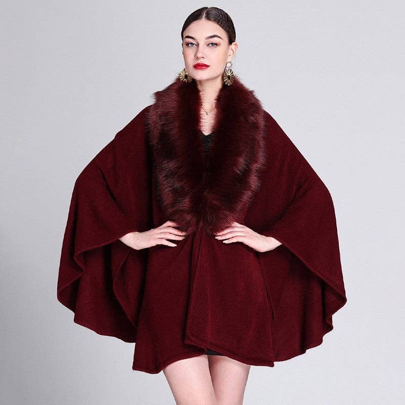 Mid-Length Faux Fox Fur Collar Shawl Cape: Burgundy