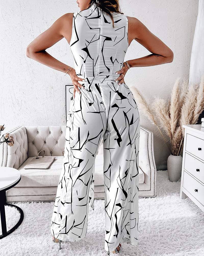 Abstract print sleeveless wide leg belted jumpsuit: WHITE / 1-1-1-1 / S-M-L-XL