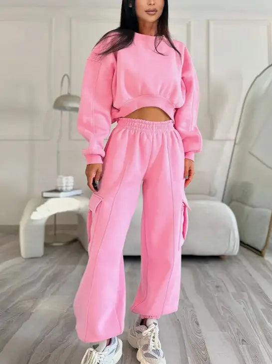Women Cropped Sweatshirt and Pocketed Baggy Pant Set