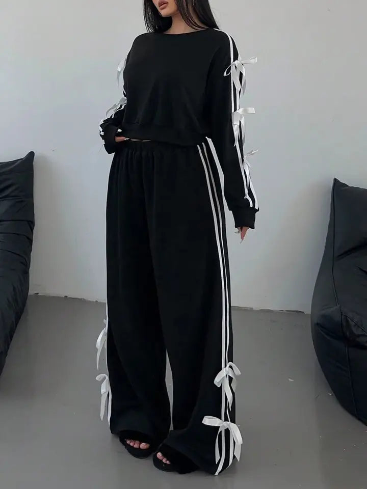 Women Long Sleeve Pull Over Stripe Bow Embellished 2 Piece Set