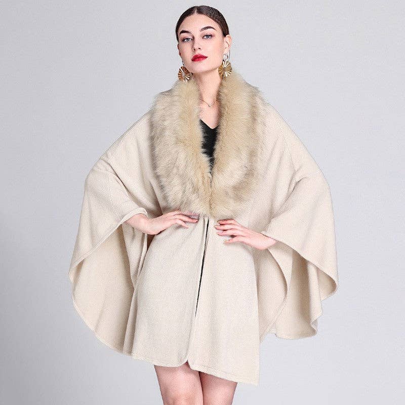 Mid-Length Faux Fox Fur Collar Shawl Cape: Burgundy