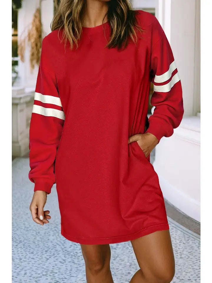 Women Long Sleeve Casual Solid Pocketed Mini Dress