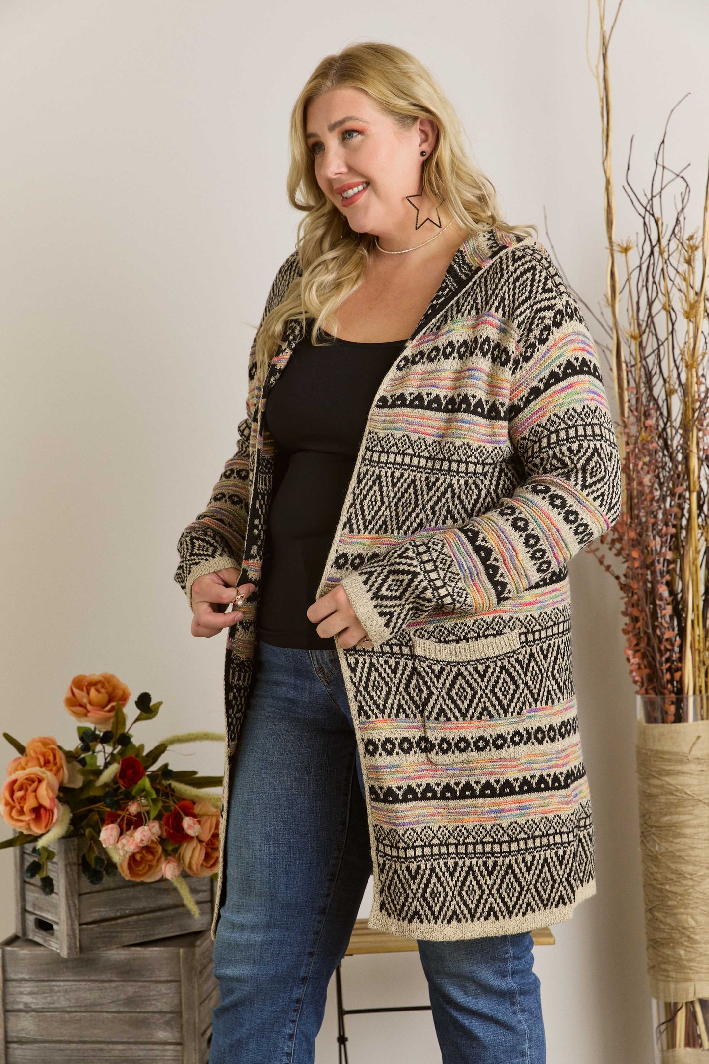 Women sweater PLUS SIZE PRINTED LOOSE CARDIGAN: BEIGE/MULTI Plus Size