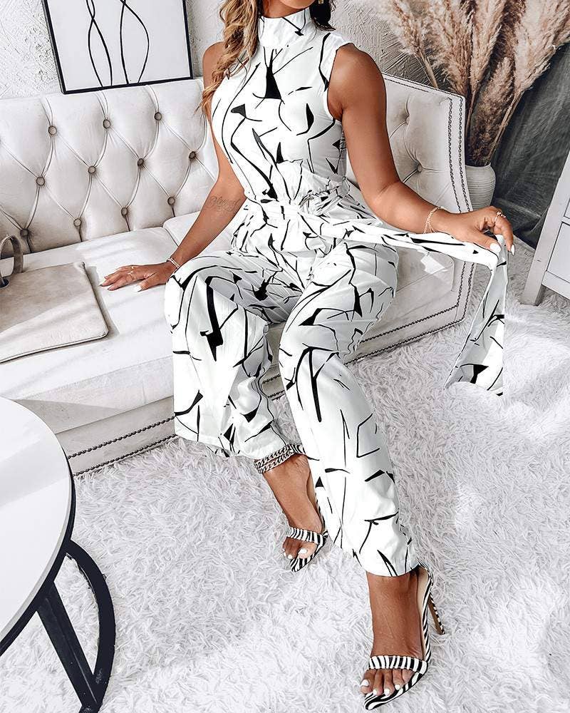 Abstract print sleeveless wide leg belted jumpsuit: WHITE / 1-1-1-1 / S-M-L-XL