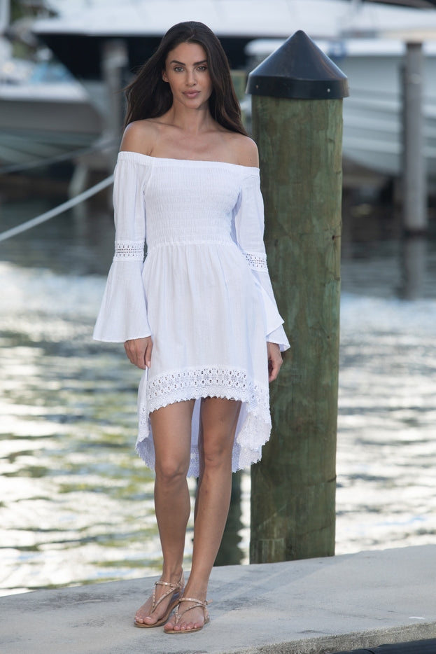 Women Dress Off Shoulder Hi Low Bell Sleeve Soft Cotton By Cotton Natural