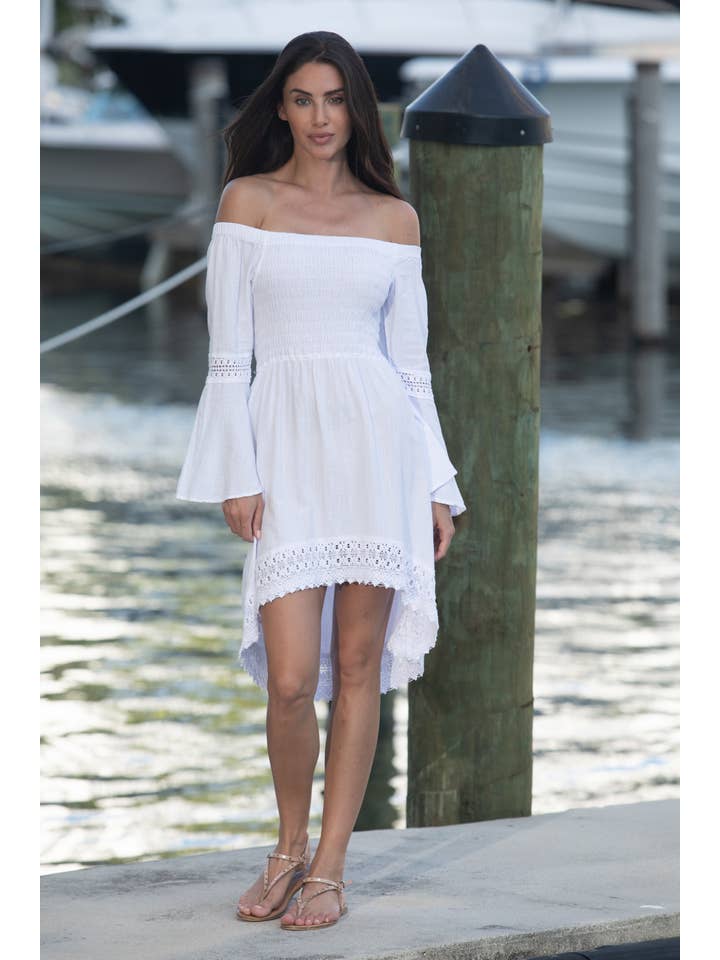 Women Dress Off Shoulder Hi Low Bell Sleeve Soft Cotton By Cotton Natural