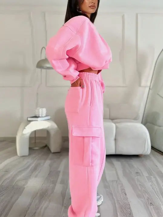 Women Cropped Sweatshirt and Pocketed Baggy Pant Set