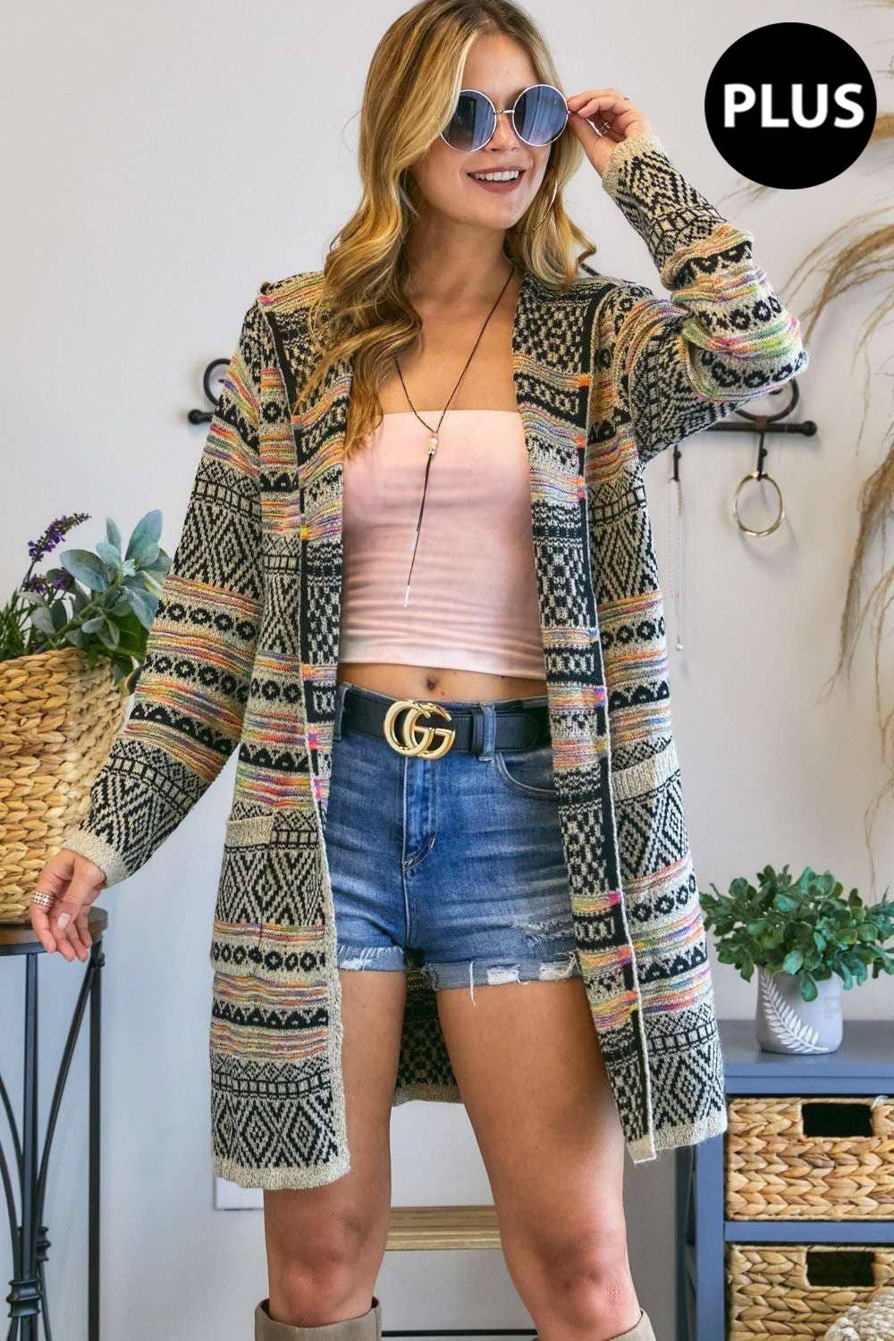 Women sweater PLUS SIZE PRINTED LOOSE CARDIGAN: BEIGE/MULTI Plus Size