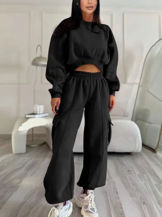 Women Cropped Sweatshirt and Pocketed Baggy Pant Set