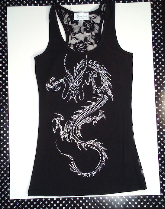 Girls Sleeveless Top -Lace Back - Rhinestone Dragon